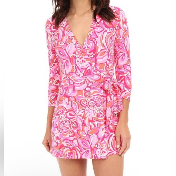 Lilly Pulitzer XS Karlie Wrap Romper Mango Salsa Pink - Picture 3 of 10